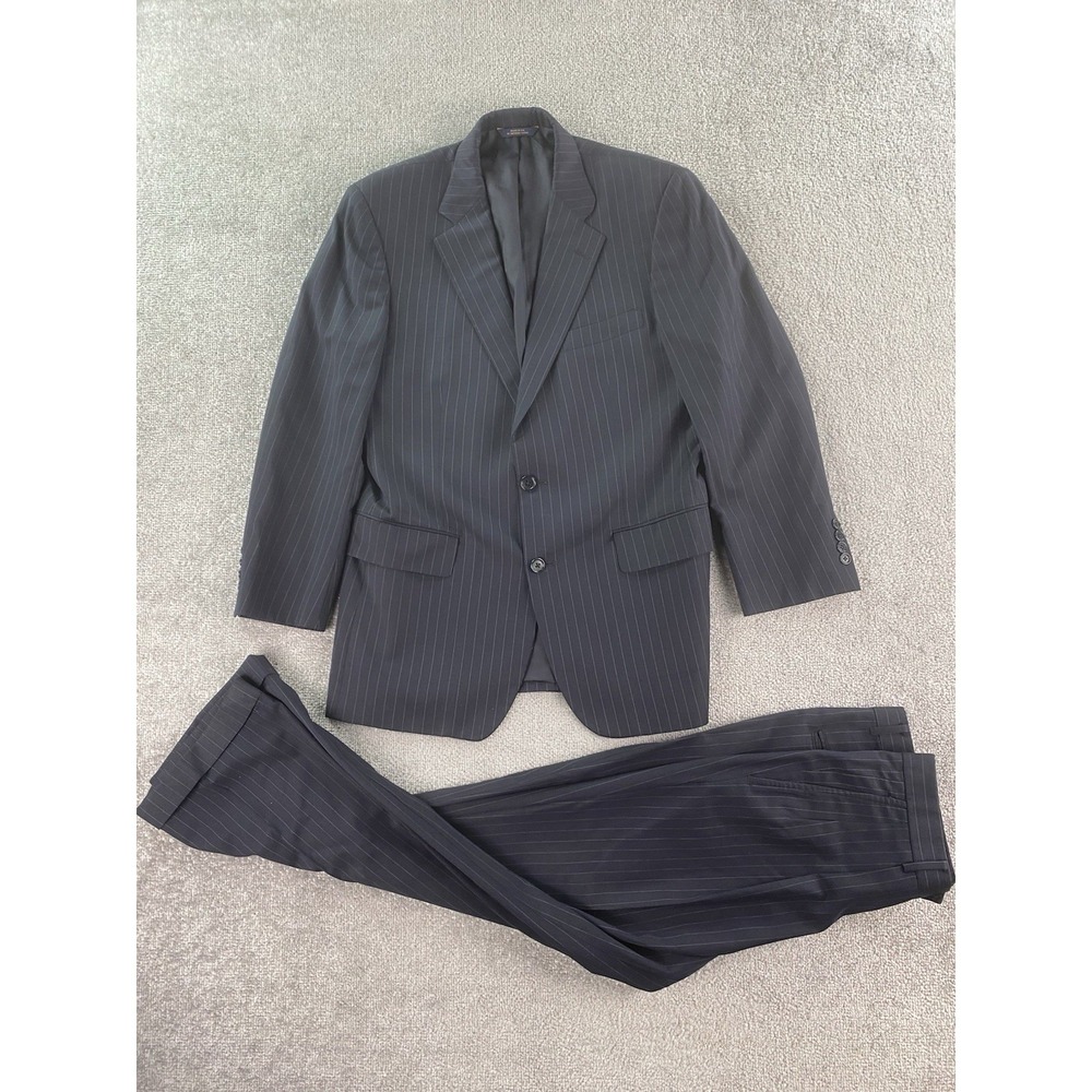 Brooks Brothers Suit 39 R Blue Wool Striped Designer Jacket Pants Set 32x28 *